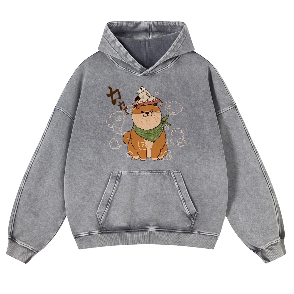 Japanese Panda Shiba Inu Pattern Vintage Washed Hoodie-moweekender