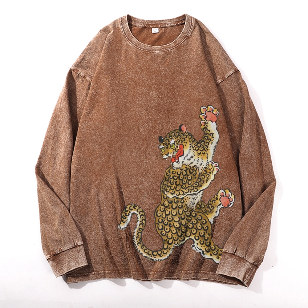 Japanese Leopard Ukiyoe Deep Washed Vintage Long Sleeves T-Shirt-moweekender
