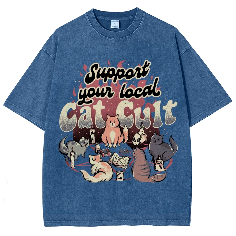 Support Your Local Cat Cult Vintage Snowflake Washed T-Shirt-moweekender