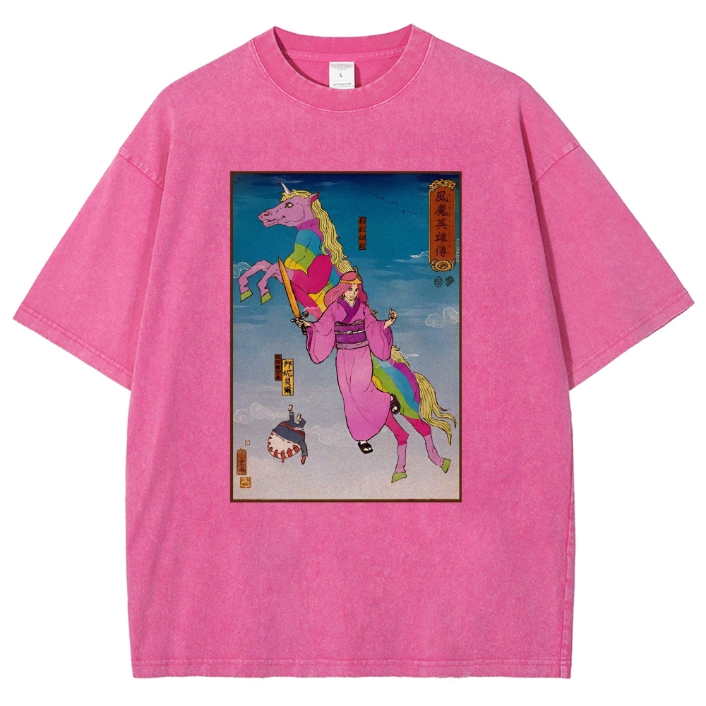 Hero Story Pink Unicorn Washed Vintage Short Sleeves T-Shirt-moweekender