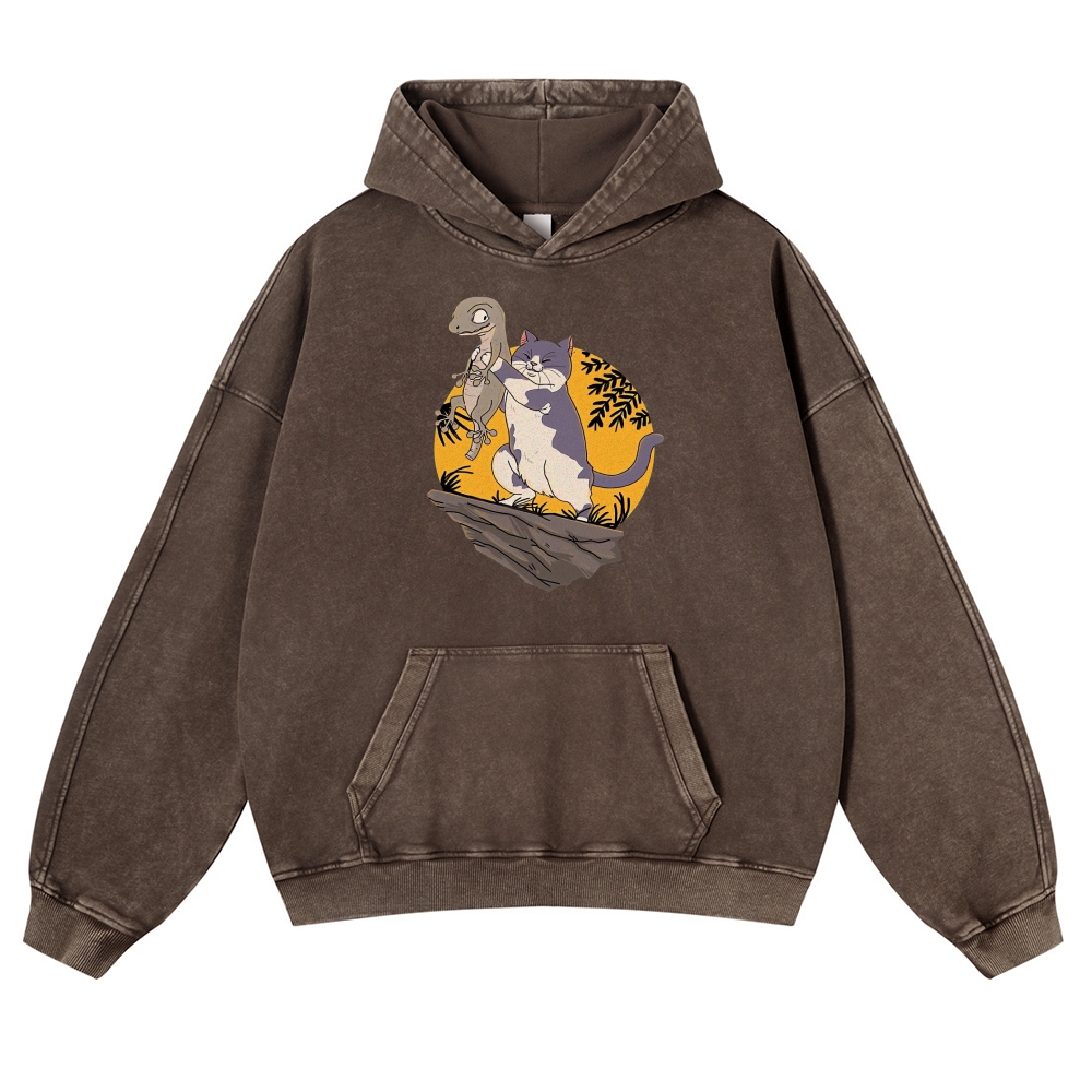 Lizard Cat Ukiyoe Vintage Washed Hoodie-moweekender