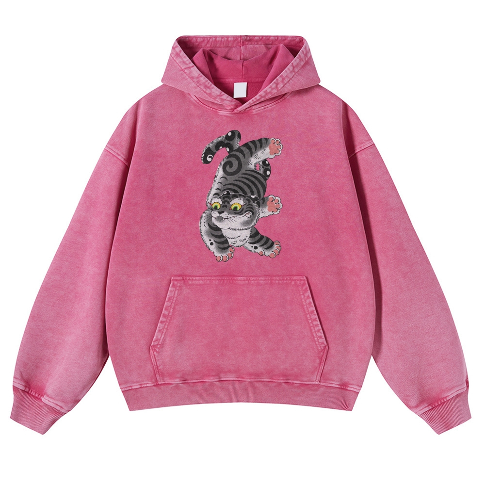 Japanese Cat Printed Vintage Washed Hoodie-moweekender