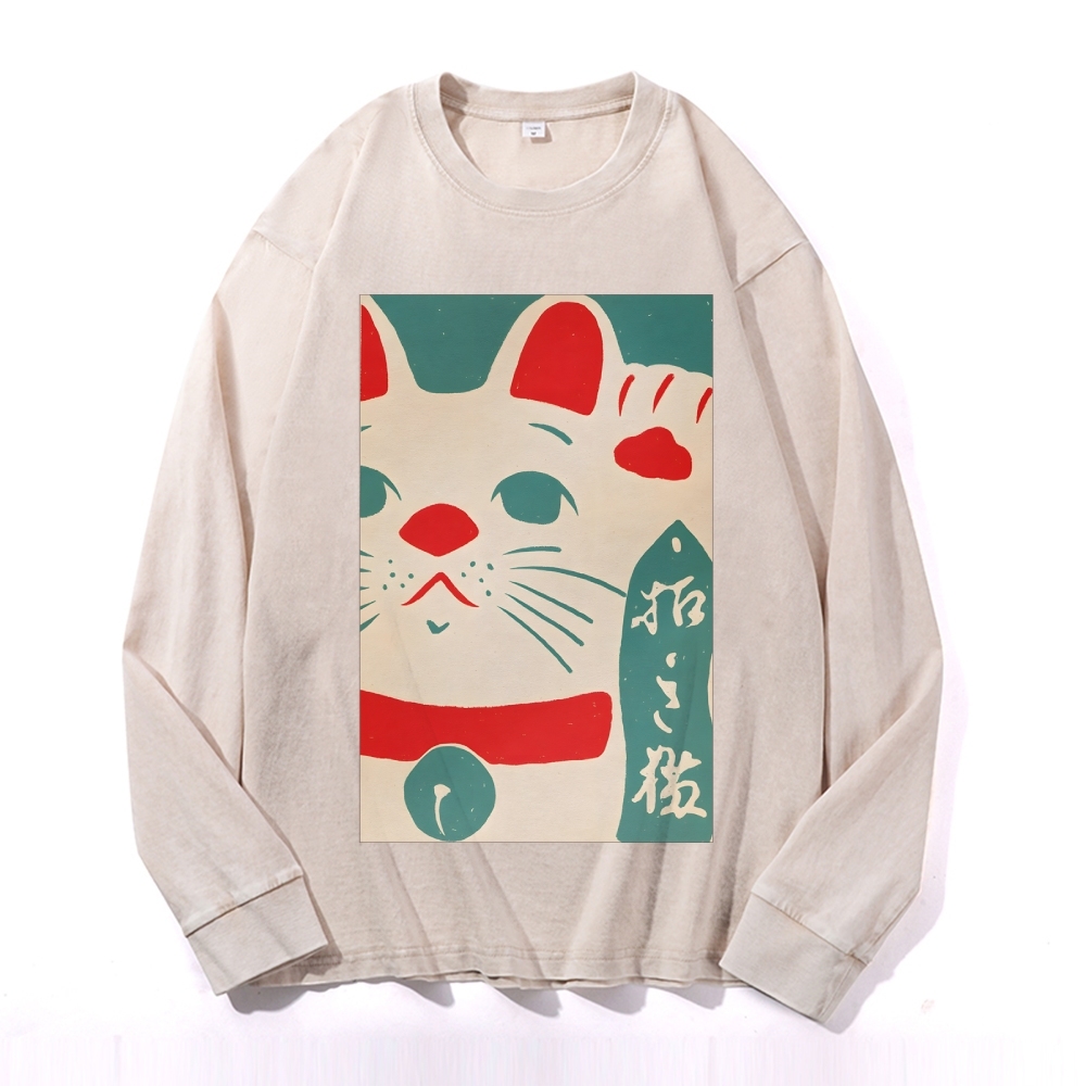 Japanese Maneki-neko Deep Washed Vintage Long Sleeves T-Shirt-moweekender