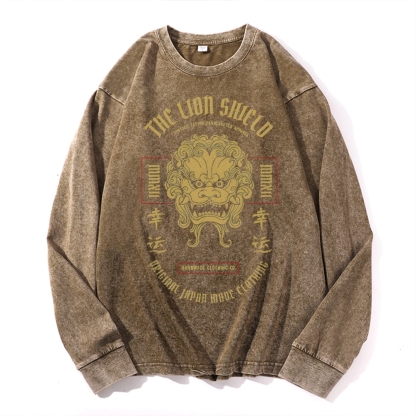 Lucky Lion Pattern Deep Washed Vintage Long Sleeves T-Shirt-moweekender