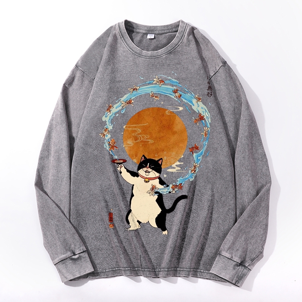 Goldfish Drunk Cat Deep Washed Vintage Long Sleeves T-Shirt-moweekender