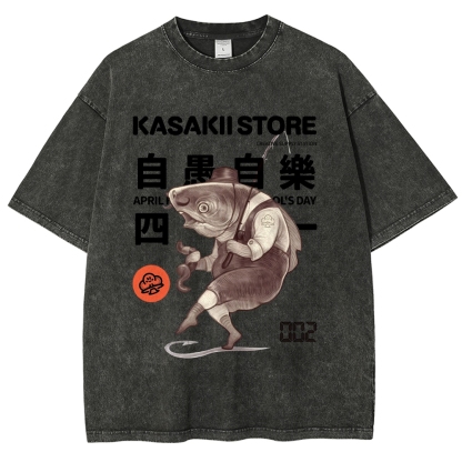 Fishing Shark Man Washed Vintage Short Sleeves T-Shirt-moweekender