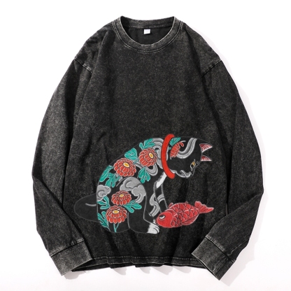 Flower Tattoo Cat Deep Washed Vintage Long Sleeves T-Shirt-moweekender