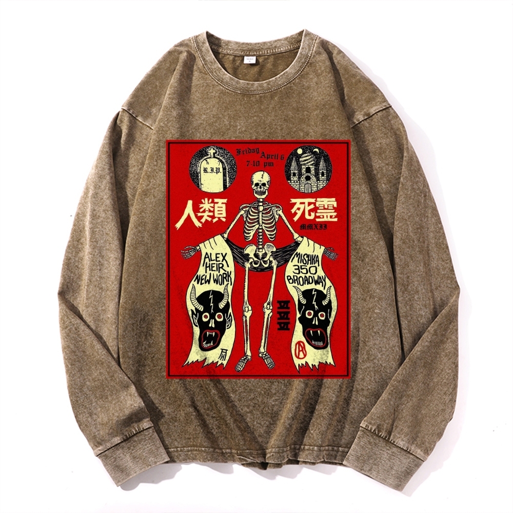 Human Skeleton Deep Washed Vintage Long Sleeves T-Shirt-moweekender