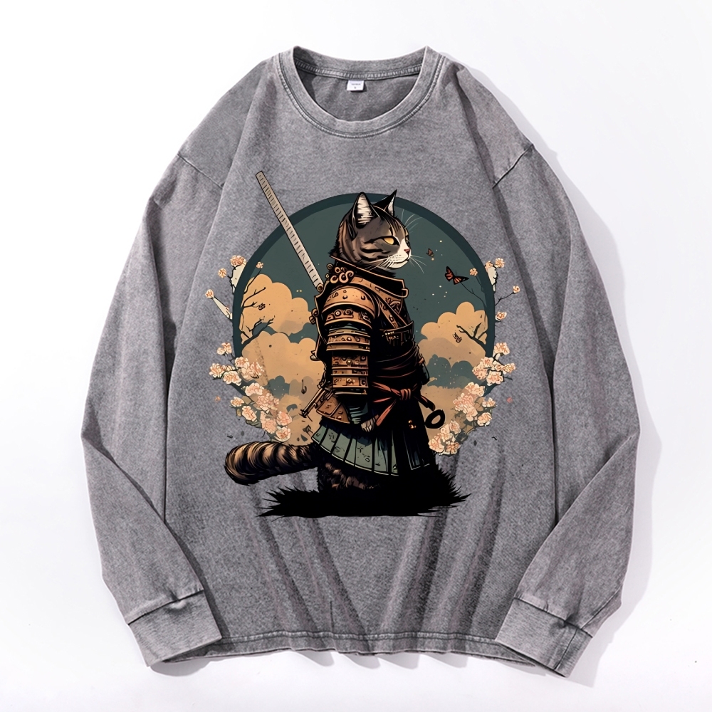 Japanese Armor Cat Deep Washed Vintage Long Sleeves T-Shirt-moweekender