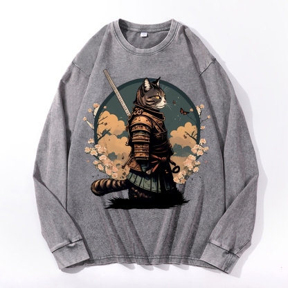 Japanese Armor Cat Deep Washed Vintage Long Sleeves T-Shirt-moweekender