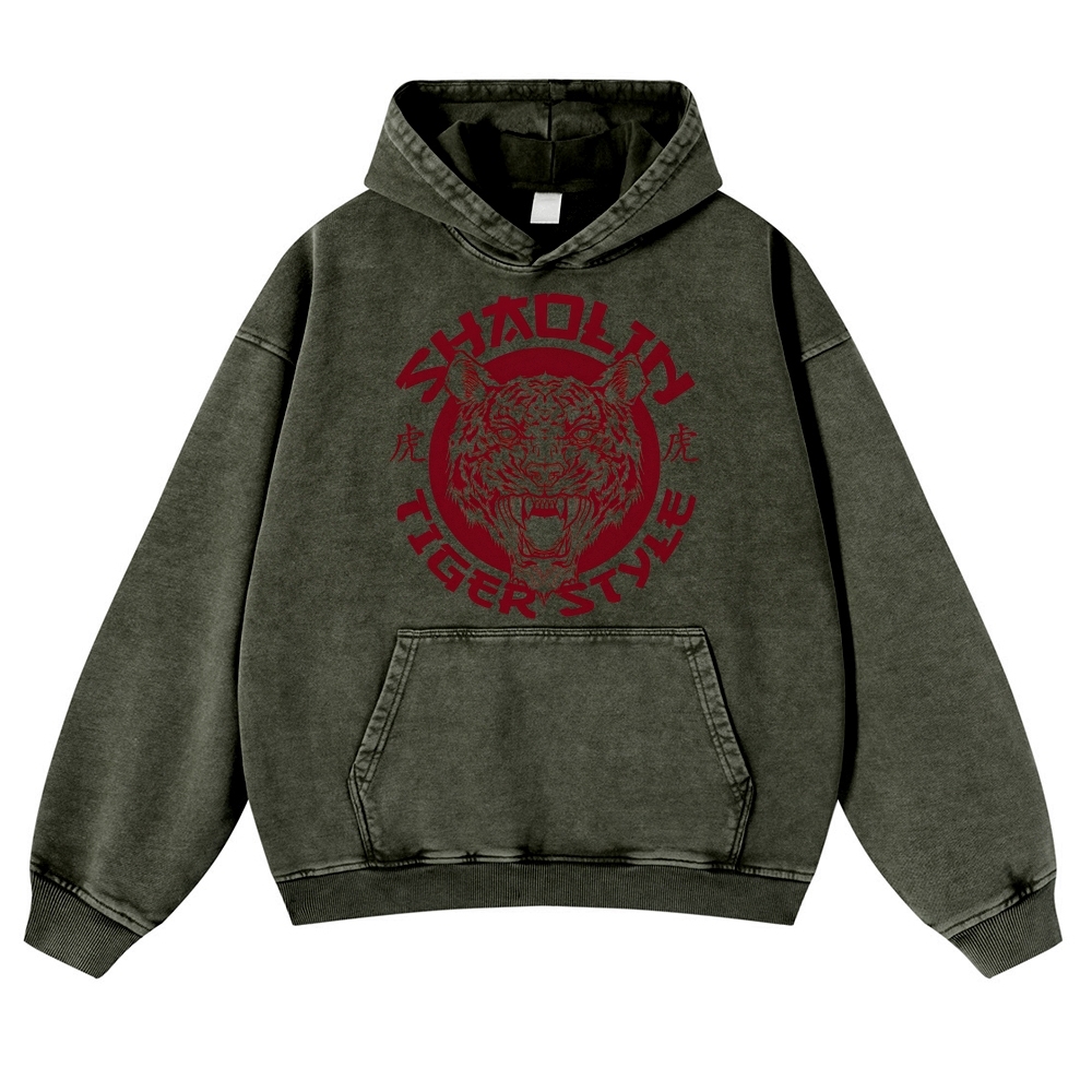 Tiger Head Sign Printed Vintage Washed Hoodie-moweekender