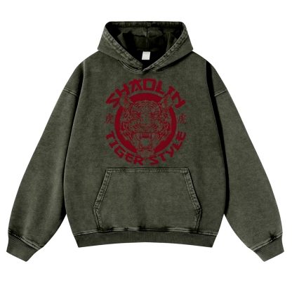 Tiger Head Sign Printed Vintage Washed Hoodie-moweekender