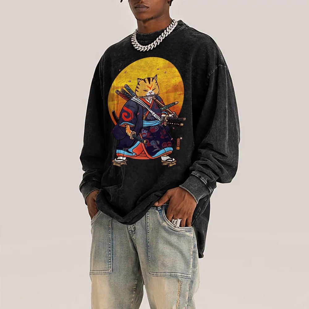Japanese Warrior Cat Pattern Deep Washed Vintage Long Sleeves T-Shirt-moweekender