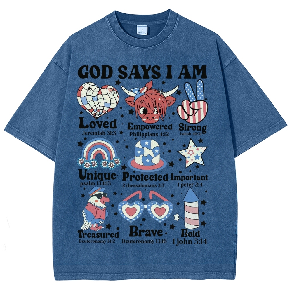 God Says I Am Vintage Snowflake Washed T-Shirt-moweekender