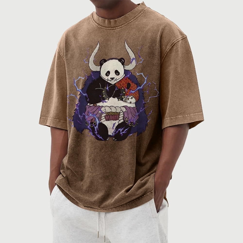 Panda Demon Pattern Casual Washed Vintage Short Sleeves T-Shirt-moweekender