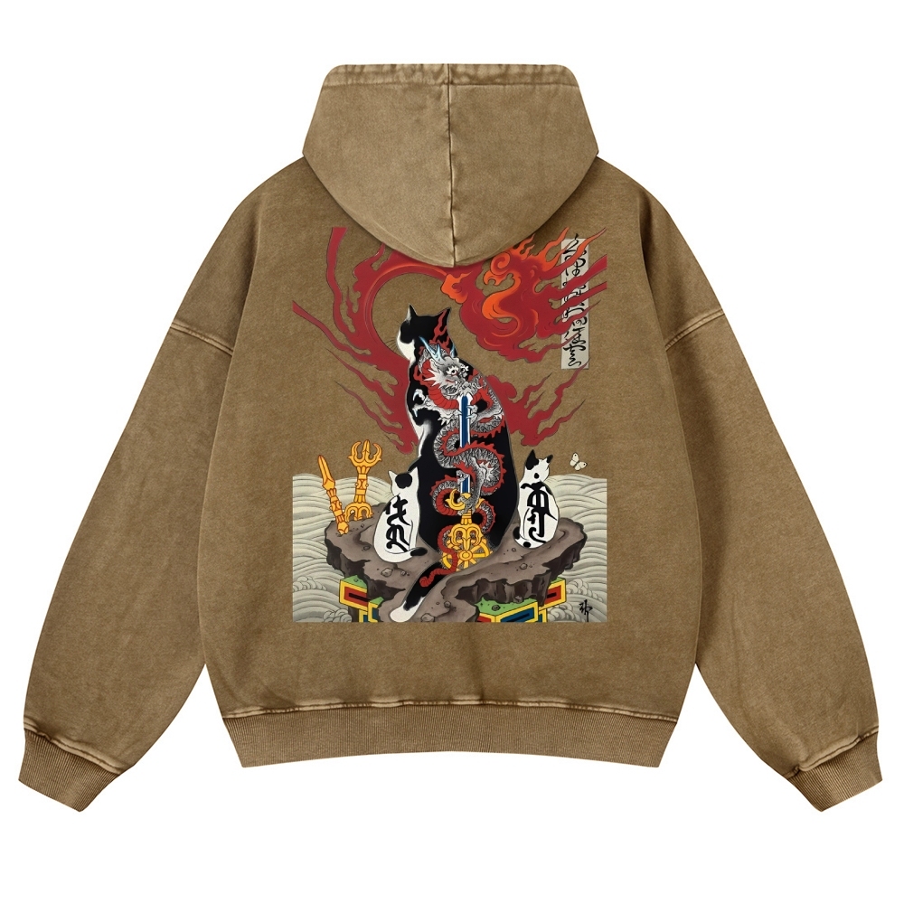 Loong Tattoo Cat Vintage Washed Hoodie-moweekender