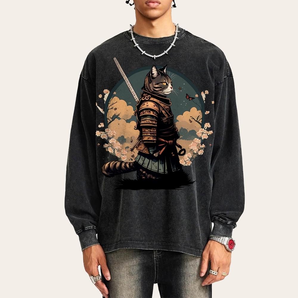 Japanese Armor Cat Deep Washed Vintage Long Sleeves T-Shirt-moweekender