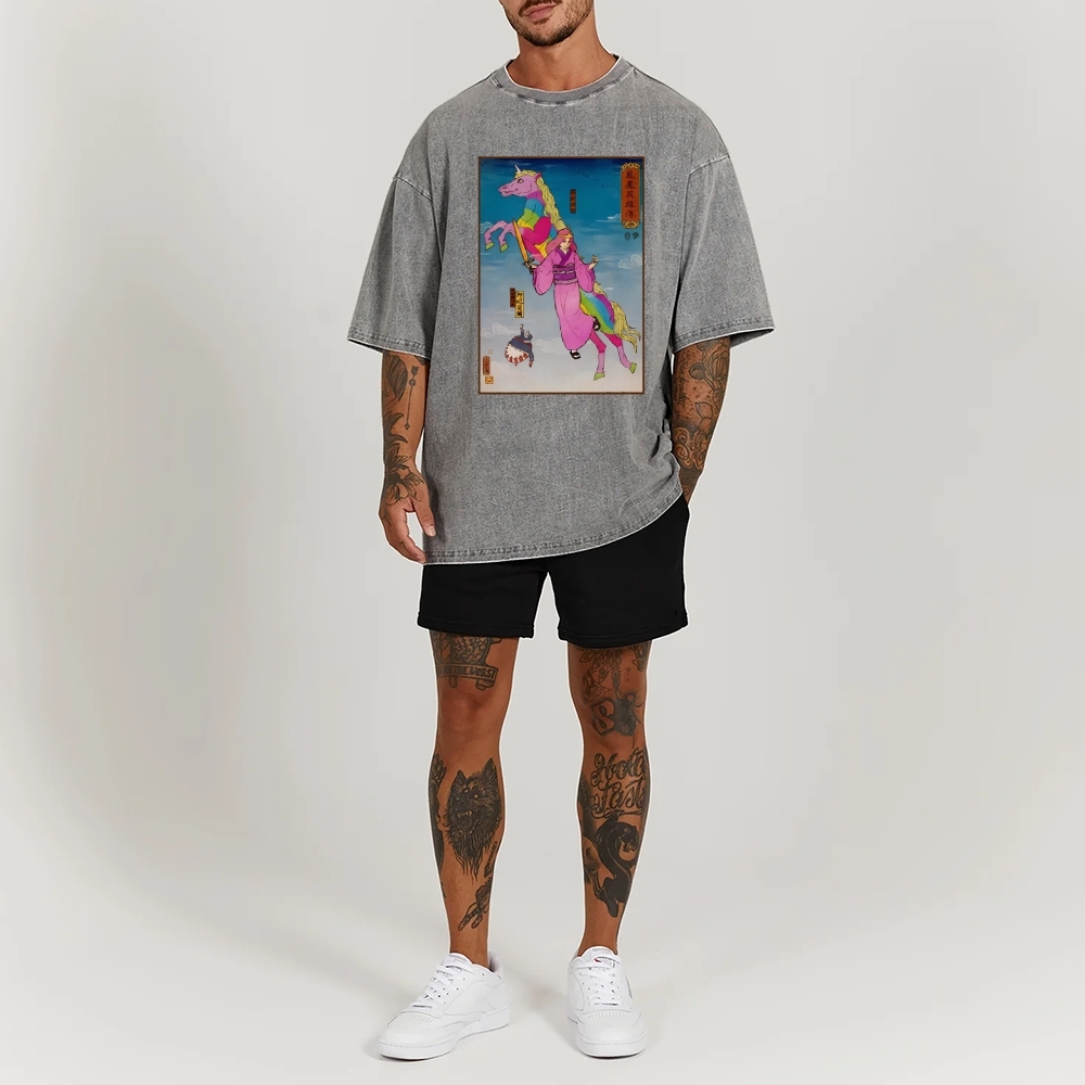 Hero Story Pink Unicorn Washed Vintage Short Sleeves T-Shirt-moweekender