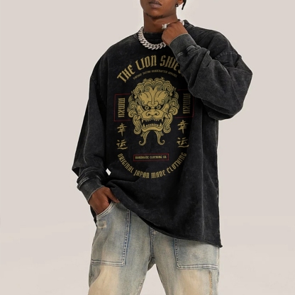 Lucky Lion Pattern Deep Washed Vintage Long Sleeves T-Shirt-moweekender