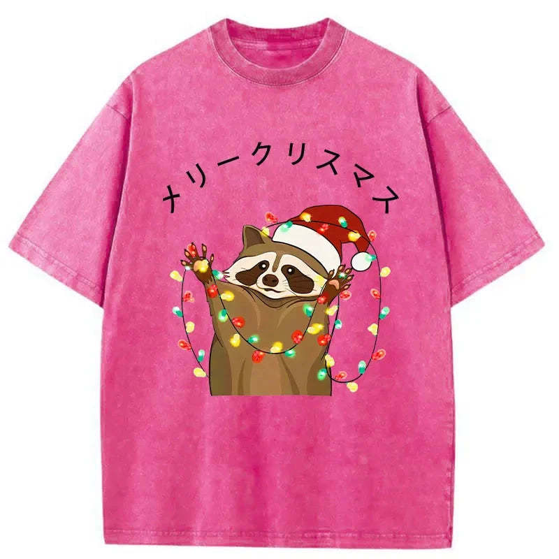 Raccoon Christmas Washed Vintage T-Shirt-moweekender