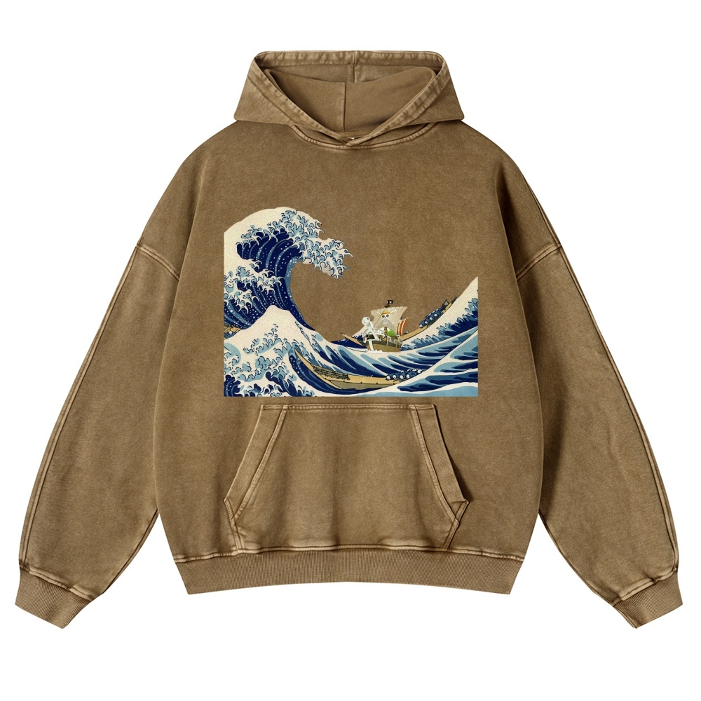 Wave Ukiyoe Pattern Vintage Washed Hoodie-moweekender