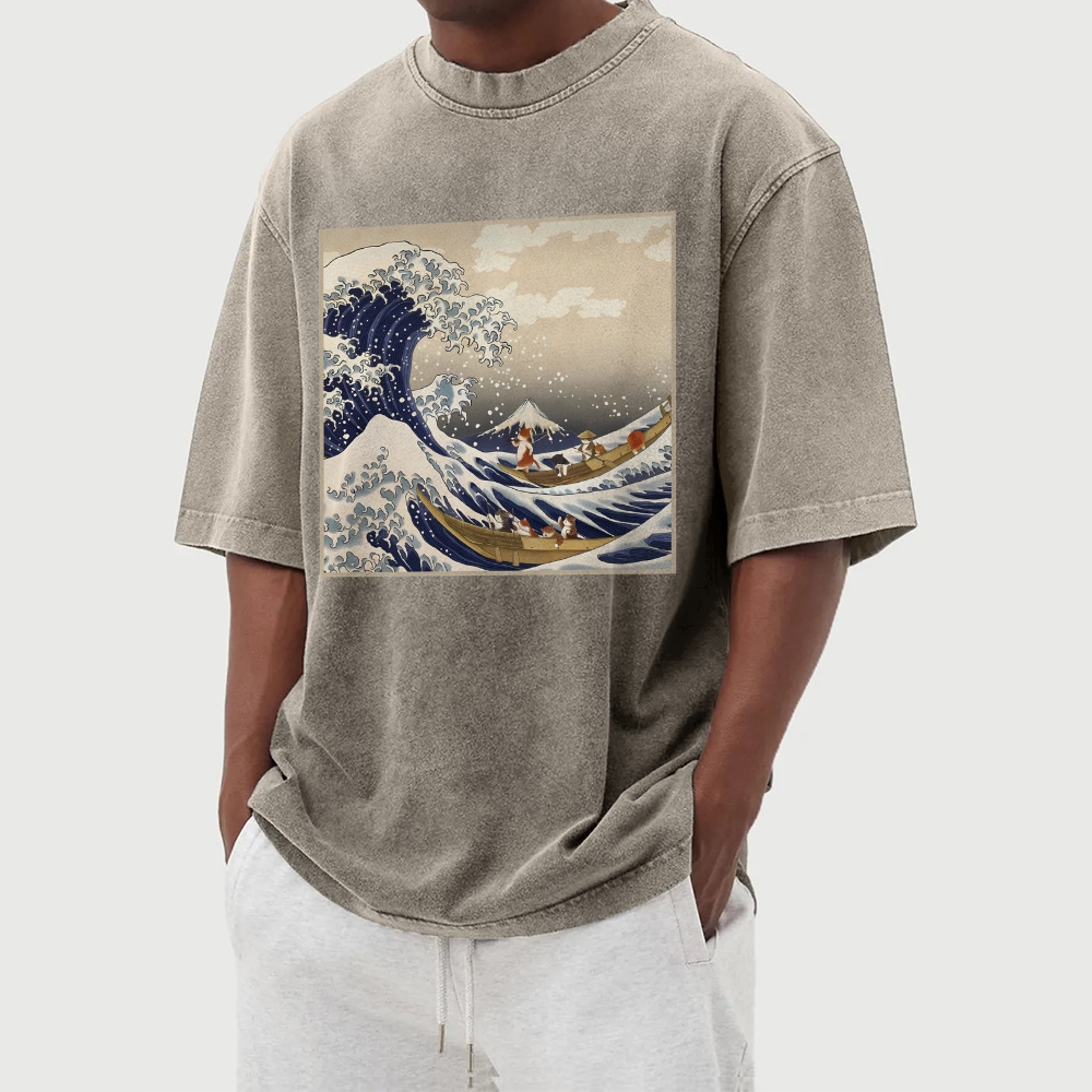Cat Ship Wave Ukiyoe Washed Vintage Short Sleeves T-Shirt-moweekender