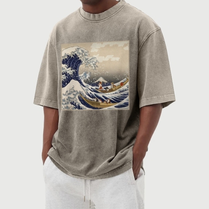 Cat Ship Wave Ukiyoe Washed Vintage Short Sleeves T-Shirt-moweekender