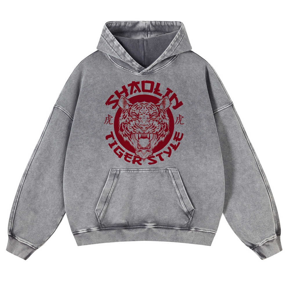 Tiger Head Sign Printed Vintage Washed Hoodie-moweekender