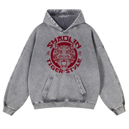 Tiger Head Sign Printed Vintage Washed Hoodie-moweekender