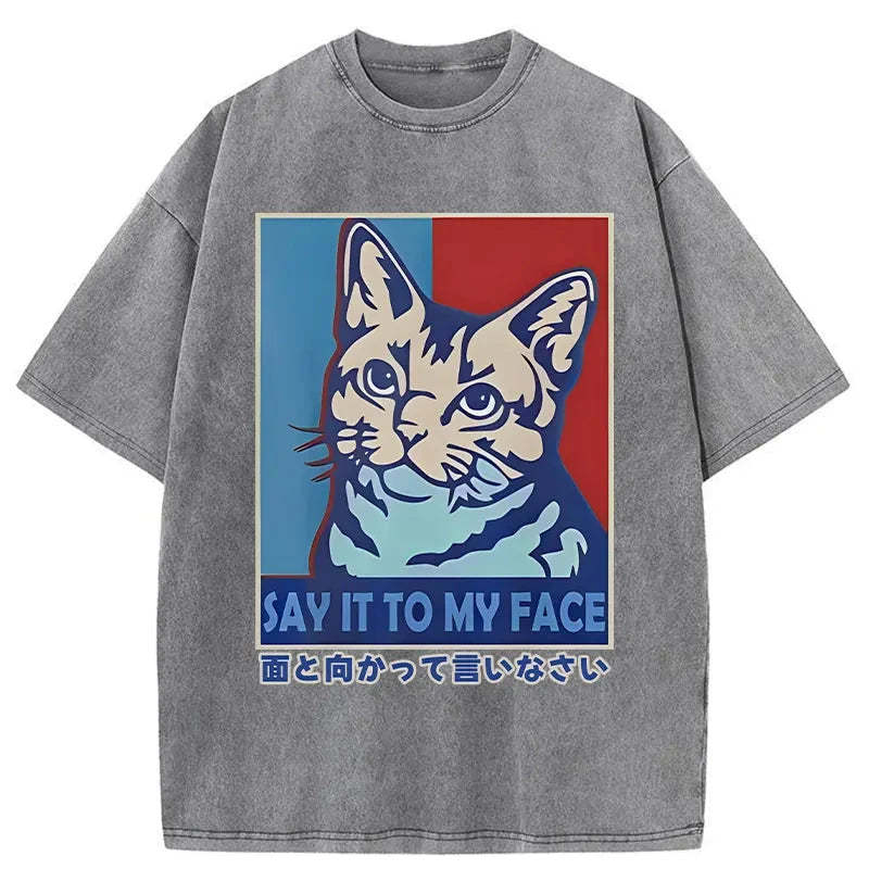 Say It To Cat Face Washed Vintage T-Shirt-moweekender