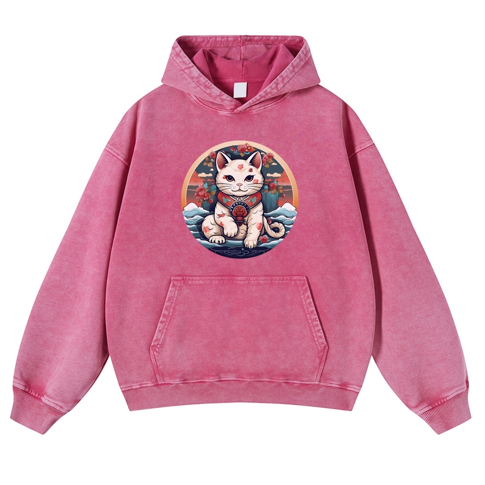 Japanese Cat Painting Printed Vintage Washed Hoodie-moweekender