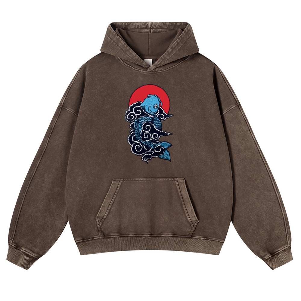 Cloud Carp Ukiyoe Pattern Vintage Washed Hoodie-moweekender