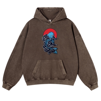 Cloud Carp Ukiyoe Pattern Vintage Washed Hoodie-moweekender