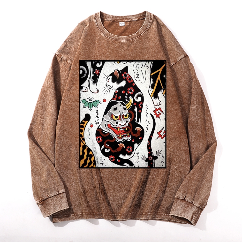 Demon Mask Tattoo Cat Deep Washed Vintage Long Sleeves T-Shirt-moweekender