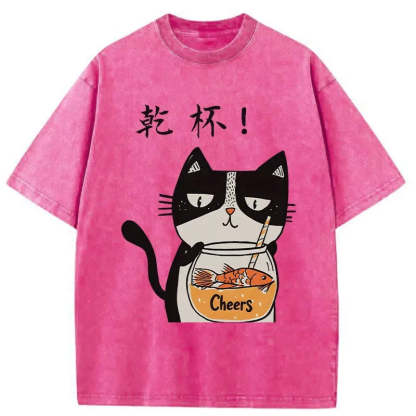 Cat Cheers Washed Vintage T-Shirt-moweekender