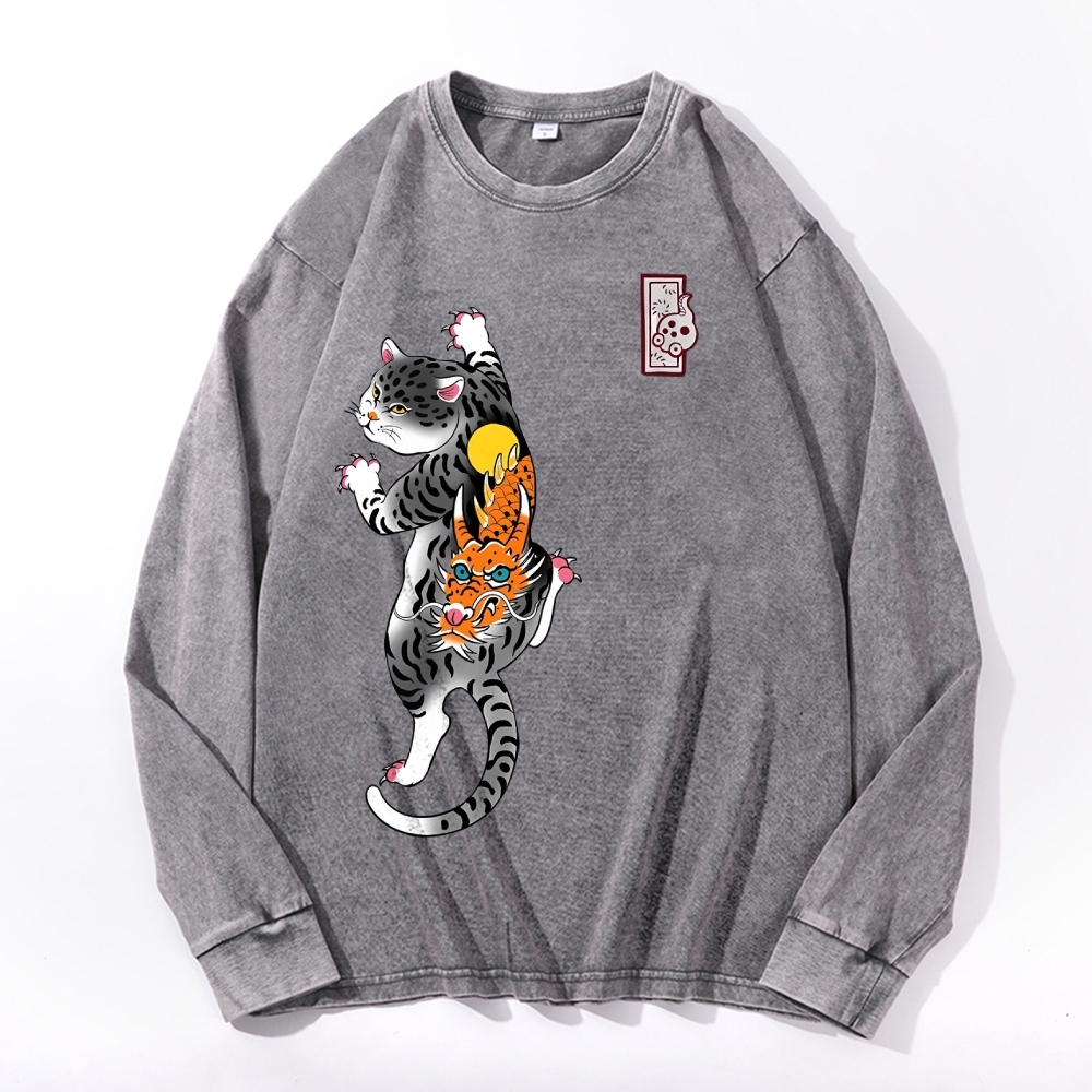 Loong Leopard Cat Pattern Deep Washed Vintage Long Sleeves T-Shirt-moweekender