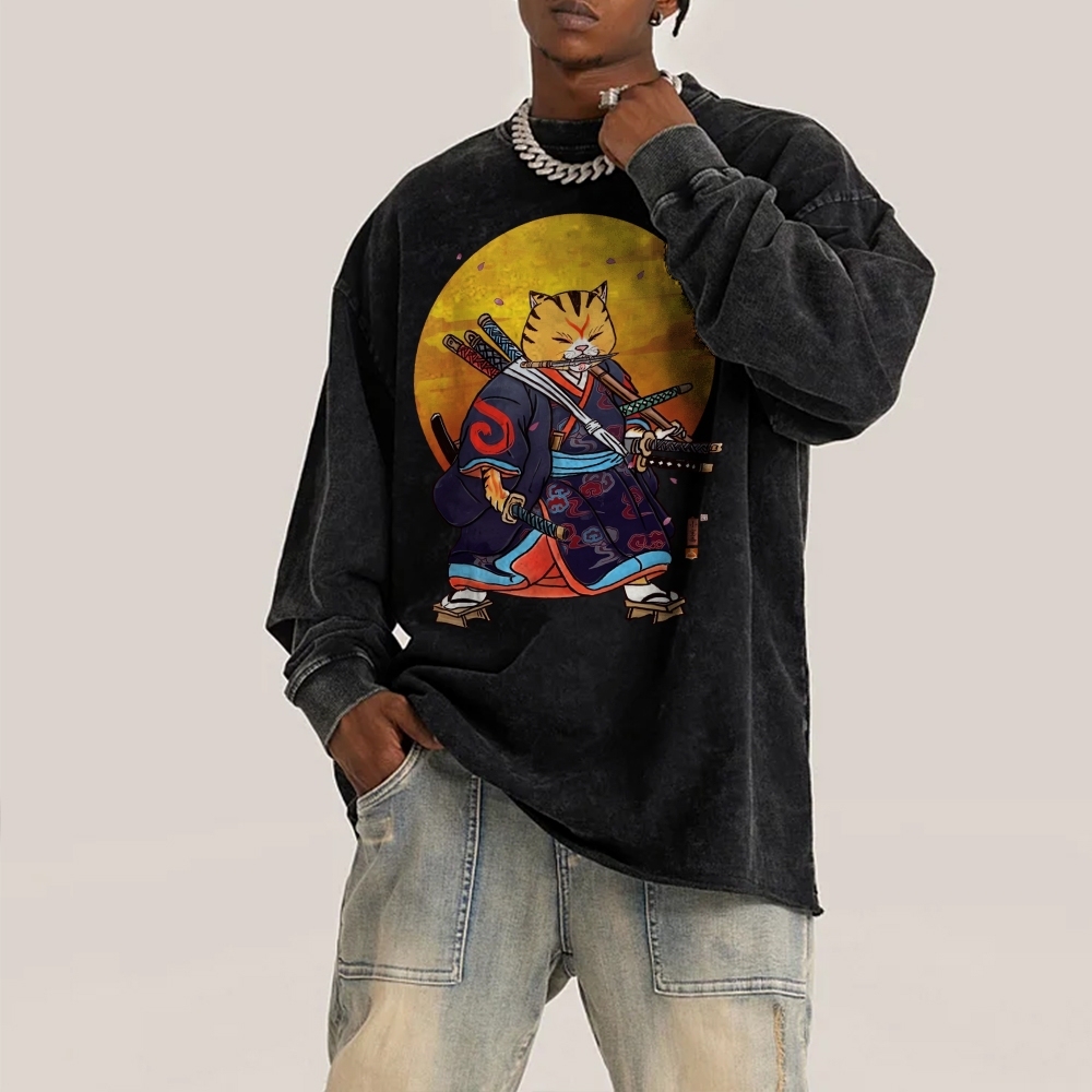 Japanese Warrior Cat Pattern Deep Washed Vintage Long Sleeves T-Shirt-moweekender