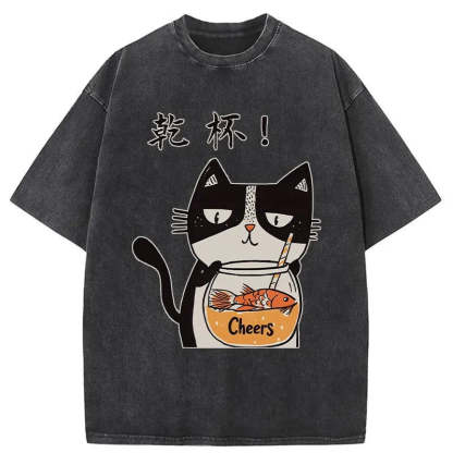 Cat Cheers Washed Vintage T-Shirt-moweekender