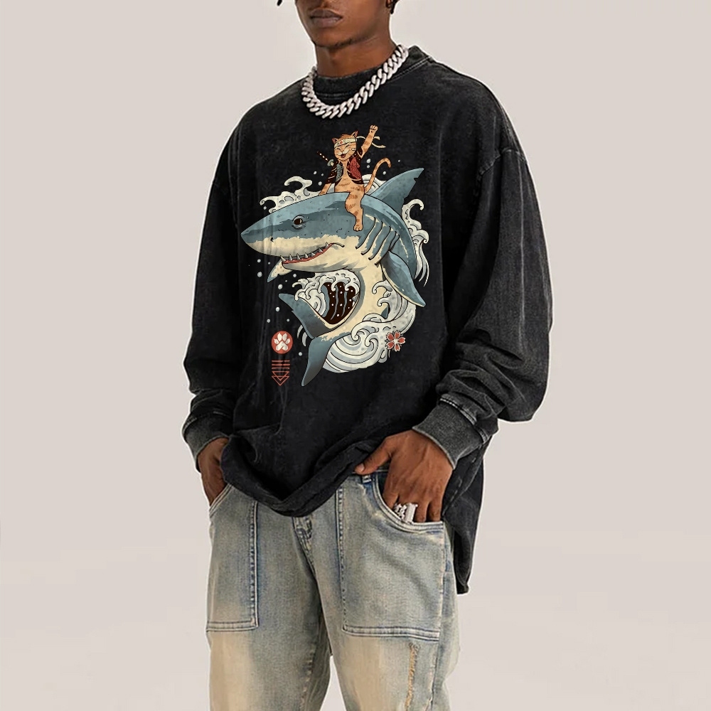 Shark Sushi Cat Ukiyoe Pattern Deep Washed Vintage Long Sleeves T-Shirt-moweekender