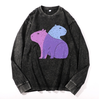 Capybara Pattern Deep Washed Vintage Long Sleeves T-Shirt-moweekender