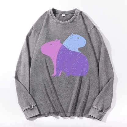 Capybara Pattern Deep Washed Vintage Long Sleeves T-Shirt-moweekender