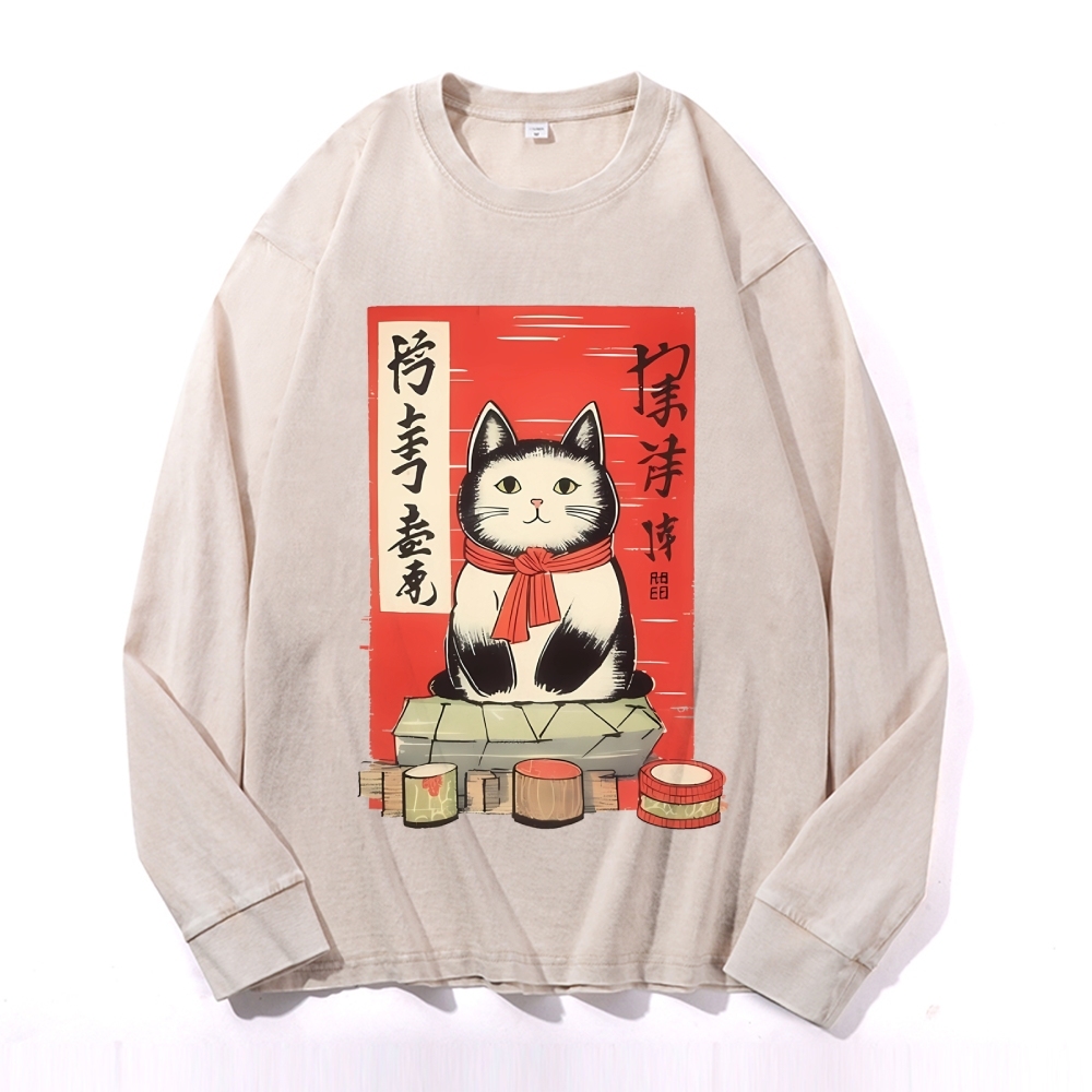Japan Cat Painting Deep Washed Vintage Long Sleeves T-Shirt-moweekender