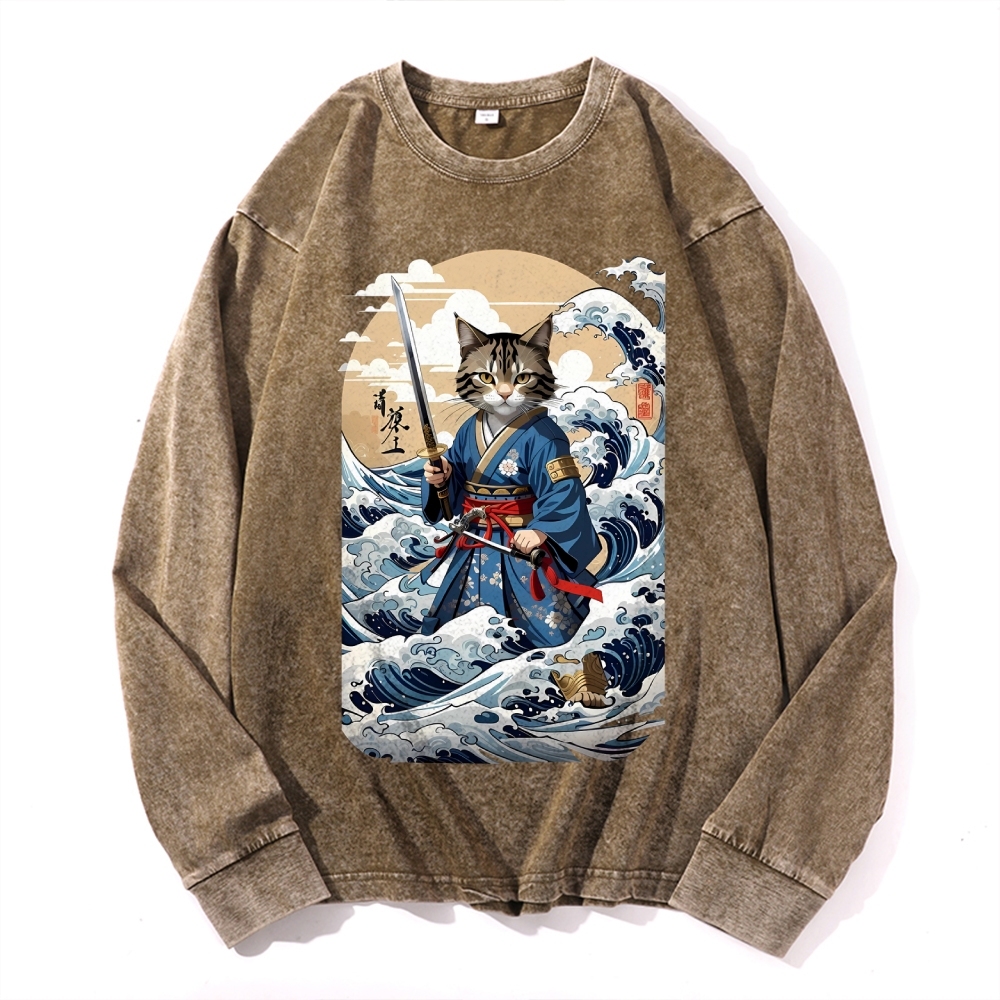 Wave Cat Ukiyoe Deep Washed Vintage Long Sleeves T-Shirt-moweekender