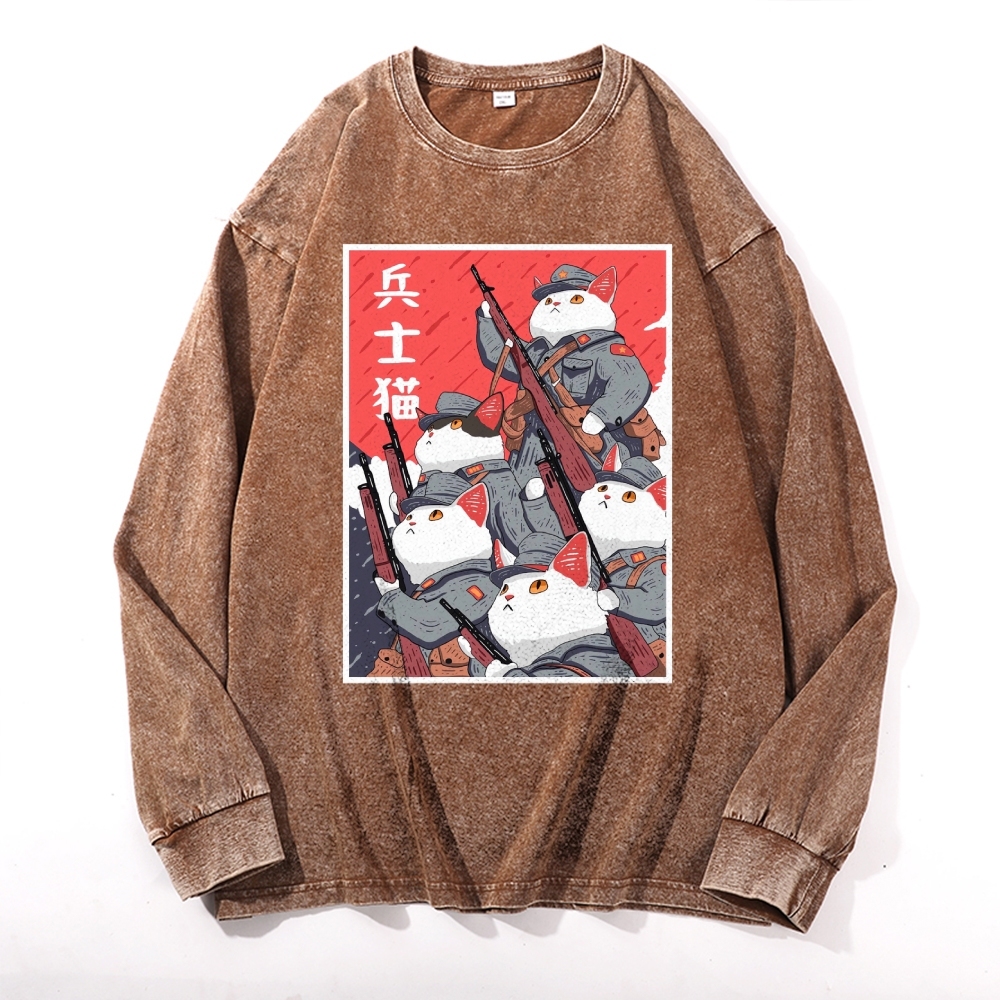 Soldier Cat Pattern Deep Washed Vintage Long Sleeves T-Shirt-moweekender
