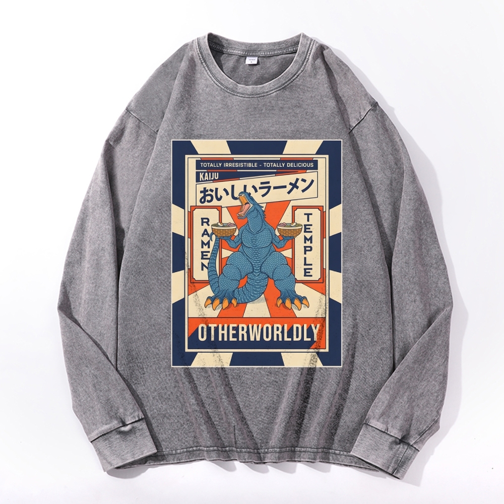 Ramen Godzilla Deep Washed Vintage Long Sleeves T-Shirt-moweekender