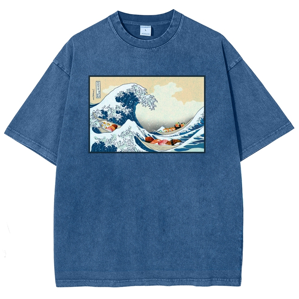 Sushi Ship Wave Ukiyoe Washed Vintage Short Sleeves T-Shirt-moweekender