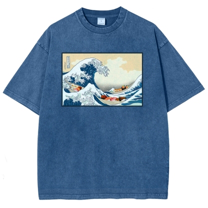Sushi Ship Wave Ukiyoe Washed Vintage Short Sleeves T-Shirt-moweekender