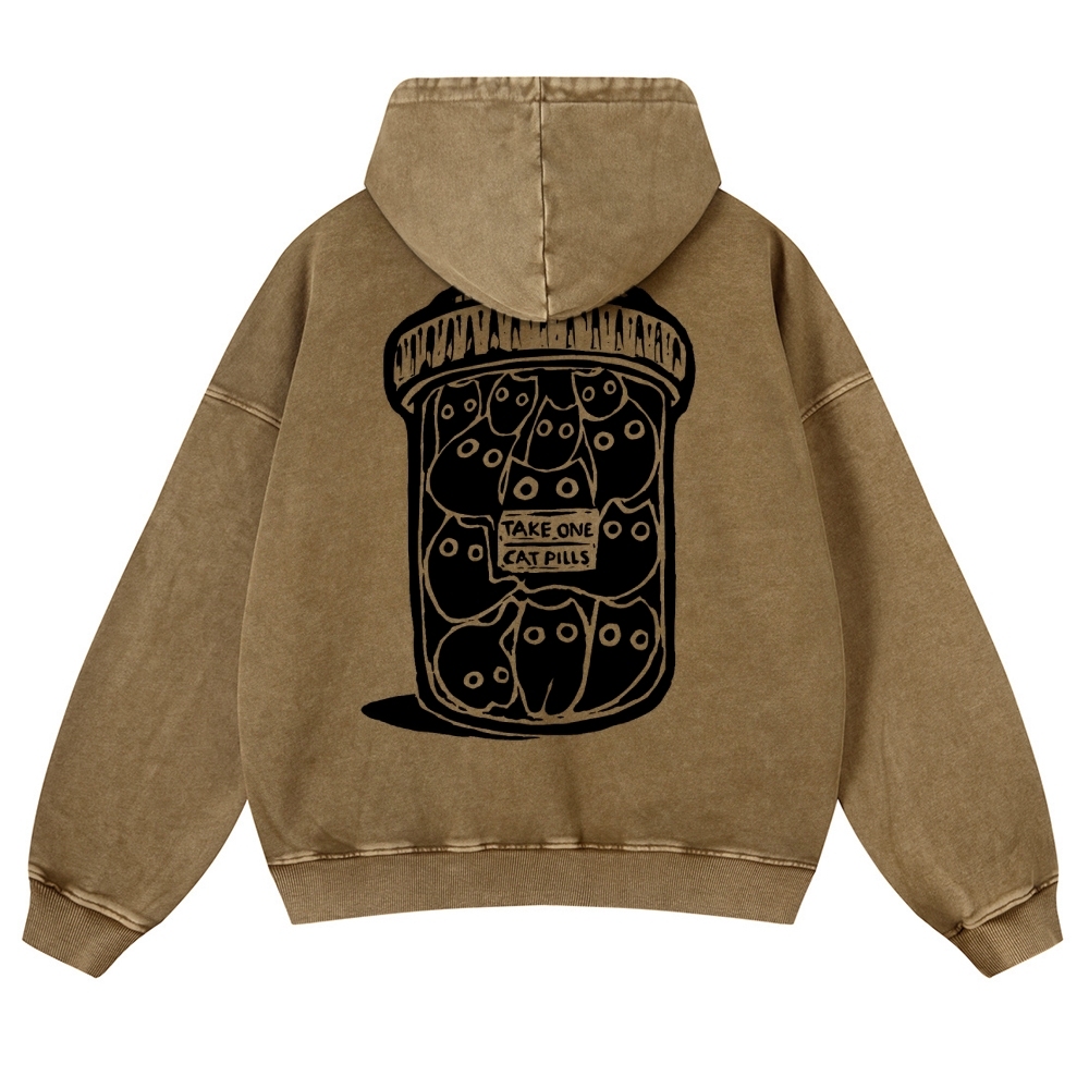 Black Cat Pills Pattern Vintage Washed Hoodie-moweekender