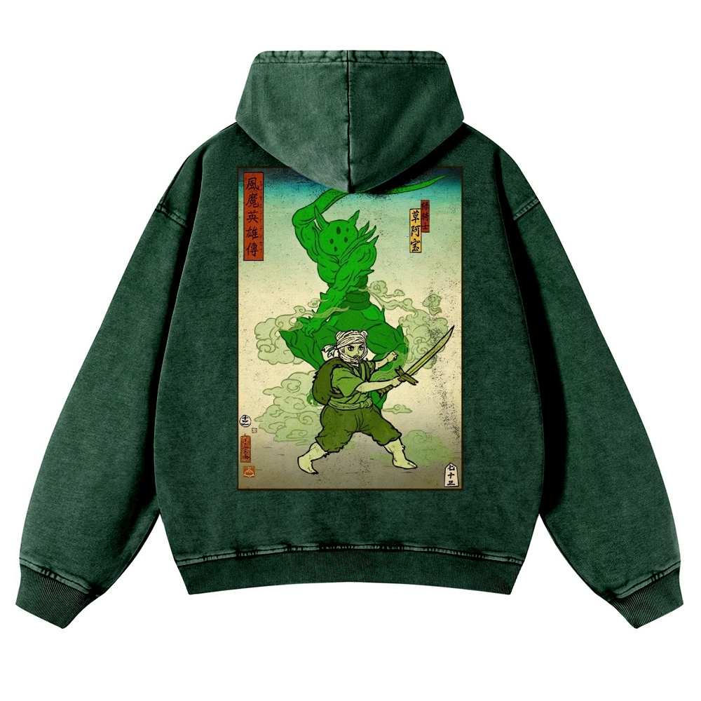 Hero Story Pattern Printed Vintage Washed Hoodie-moweekender