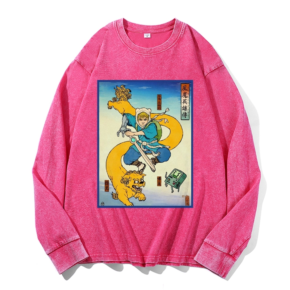 Hero Story Pattern Deep Washed Vintage Long Sleeves T-Shirt-moweekender